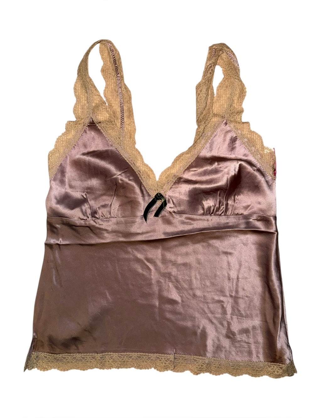 Gold hawk lace trimmed velvet bow silk cami size large NWT